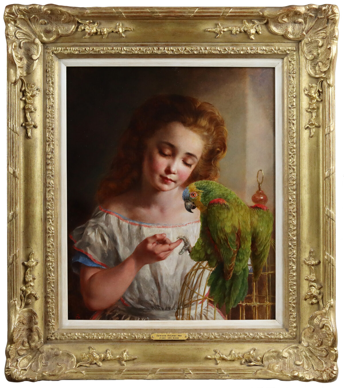 Pretty Young Girl with a Green Parrott ~ Edward Holmes - Thomas Fine Art